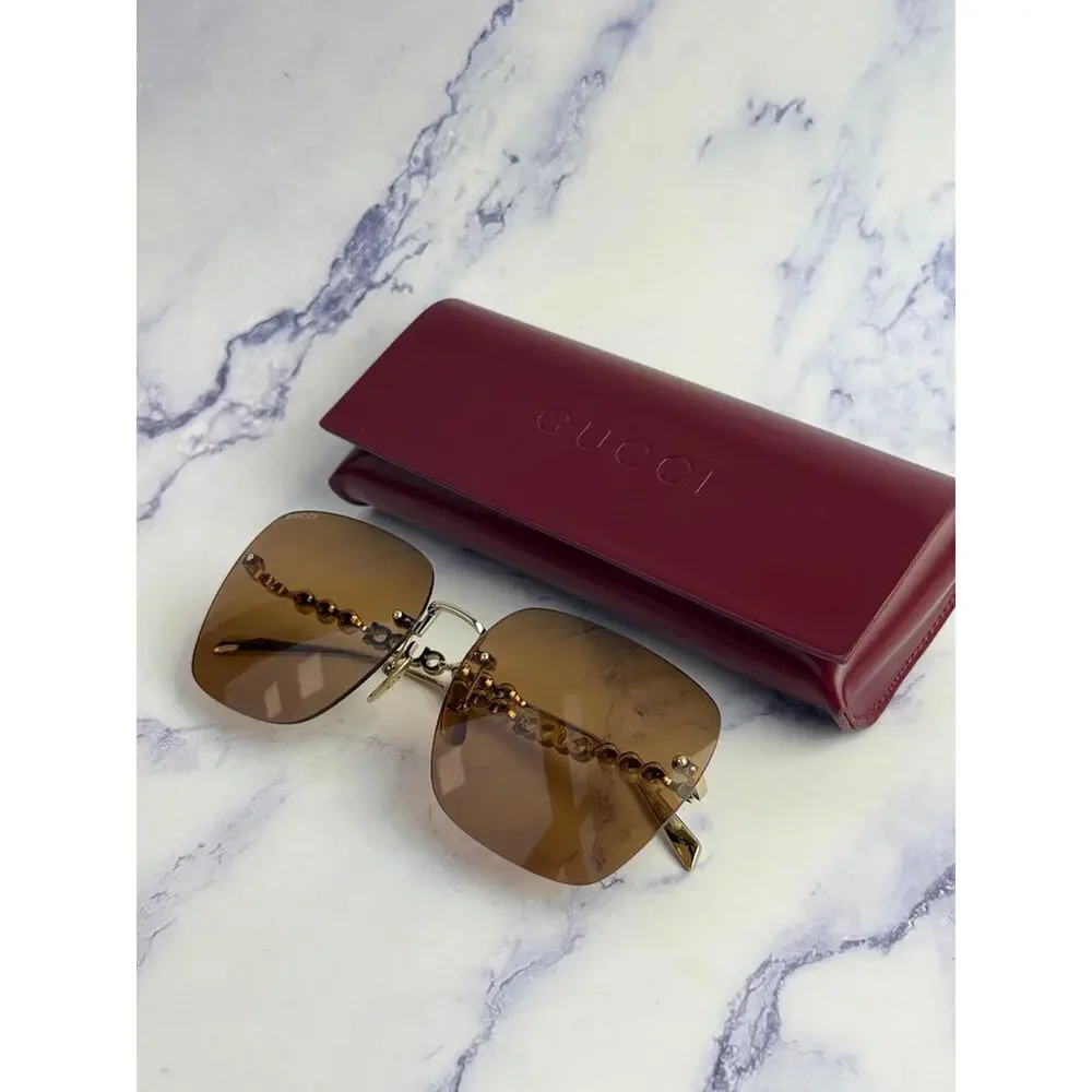 NEW Gucci GG1923SA Gold Brown Square Pearl Sunglasses